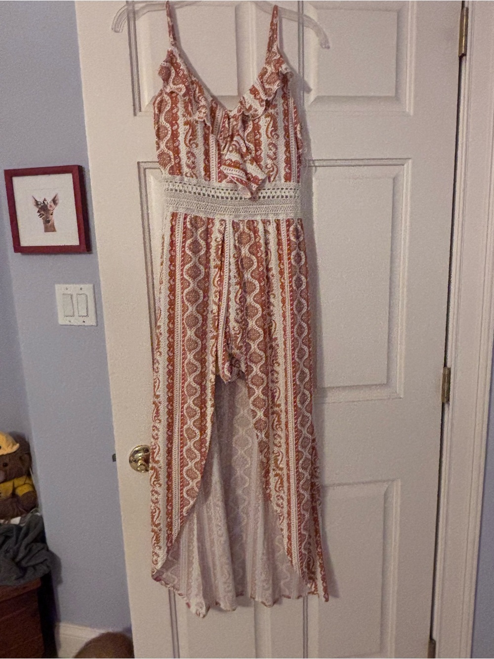 No Boundaries Rust and Cream Striped Crochet-Waist Jumpsuit